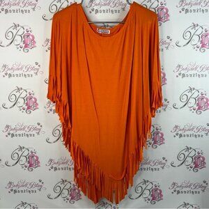 Poncho pull over bright Vibrant Orange Fringe Poncho tassle bottom hem comfy